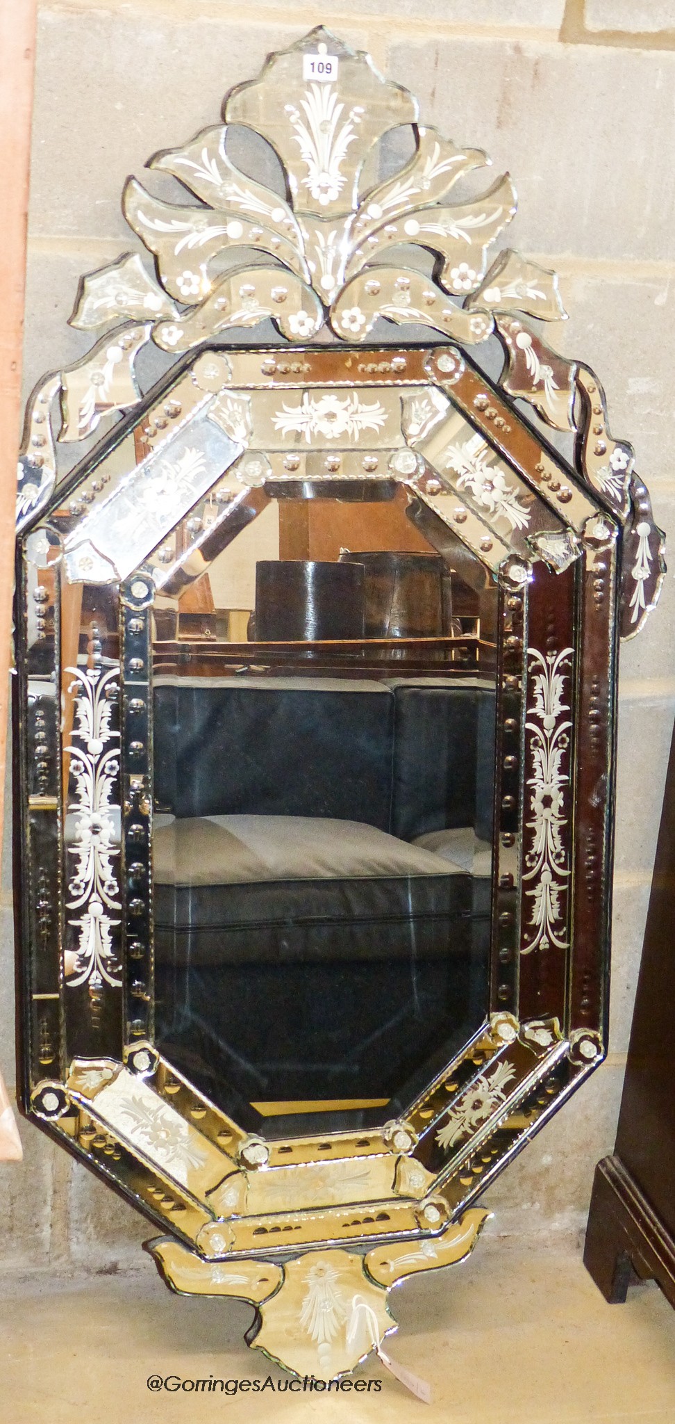 An etched Venetian style octagonal wall mirror, width 70cm, height 138cm